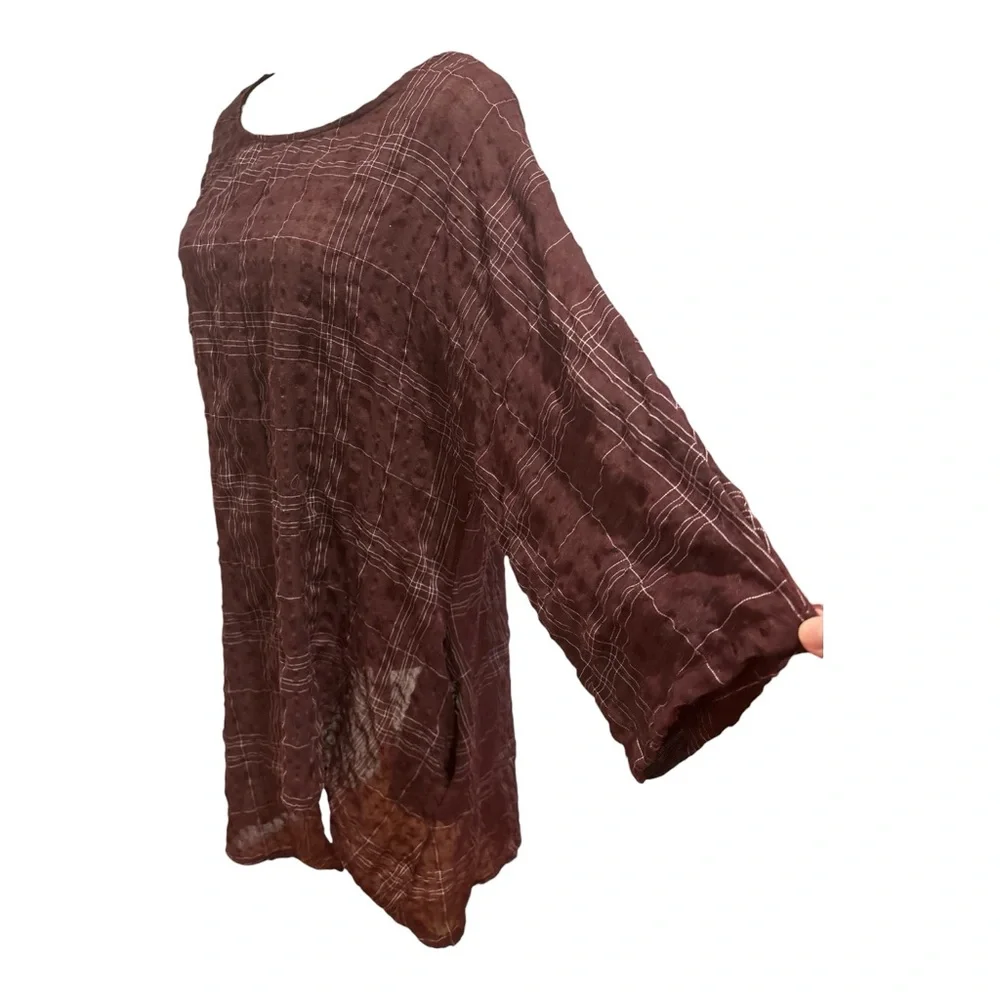 ZANZEA COTTON CREPE BURGUNDY WINDOW PANE PLAID SCOOP NECK 3/4 SLEEVE TUNIC TOP M - Picture 4 of 5